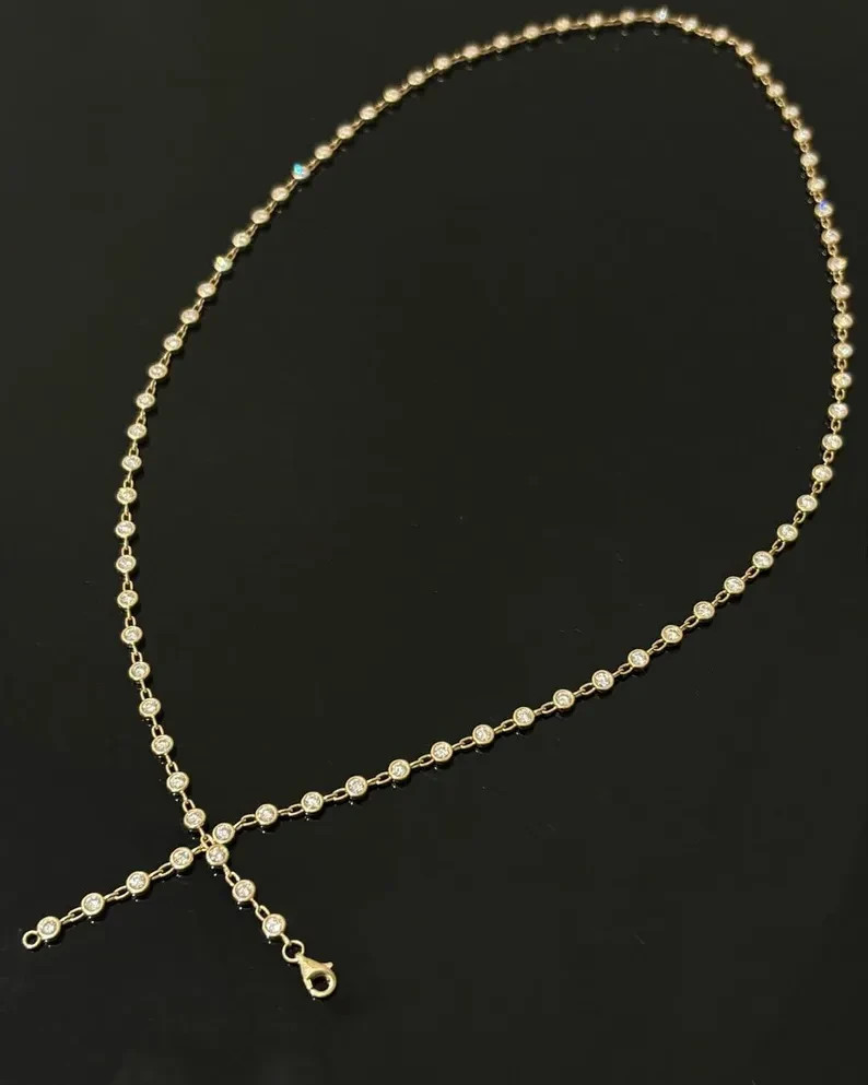 14k Yellow Gold Plated 7 Carat Diamond Minimalist Tennis Necklace Bezel Set