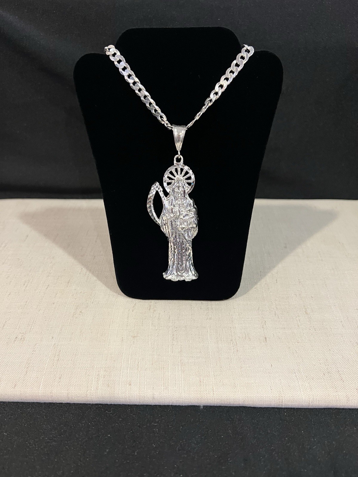 925 Sterling Silver BIG Men Women Santa Muerte Grim Reaper Curb Chain 20 26 30