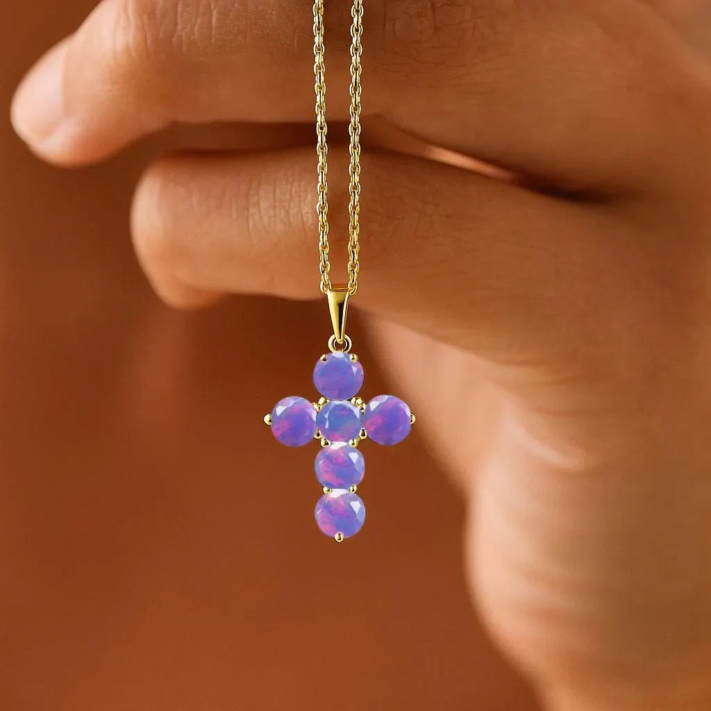 Natural Lavender Opal Gemstone Gold Cross Pendant, Ethiopian Opal Chain Pendant