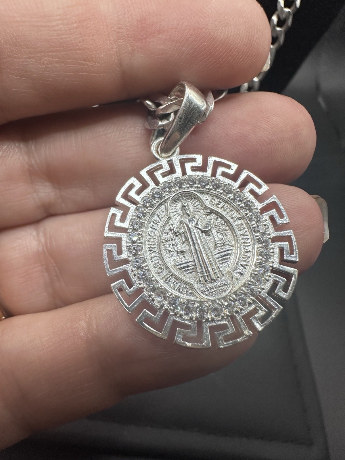 Sterling Silver Saint Benedict Medallion Necklace W/greek Key & Natural Diamonds