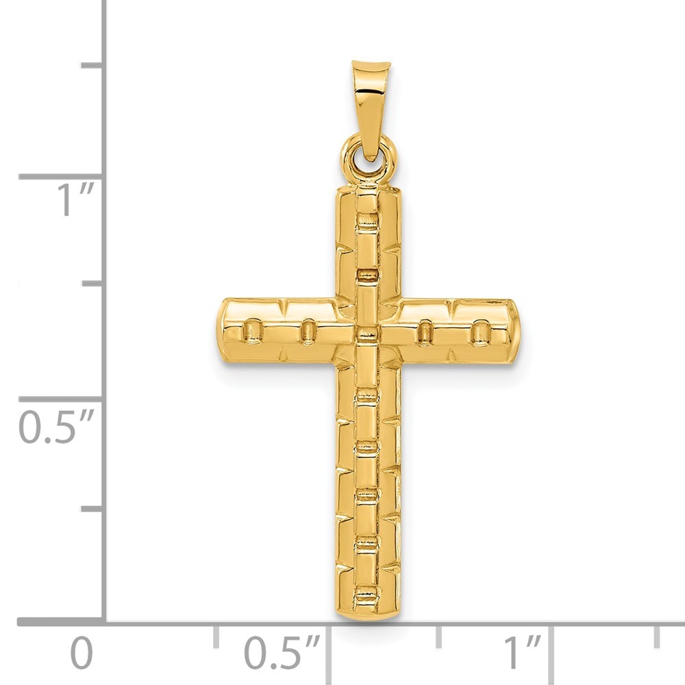14k Yellow Gold Polished and Textured Hollow Latin Cross Charm Pendant 0.76gm