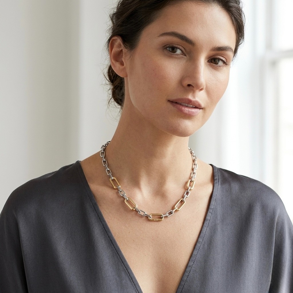 Knife Edge Paper Clip Oval Chain Necklace 14K Two-Tone Gold Plated Real Silver