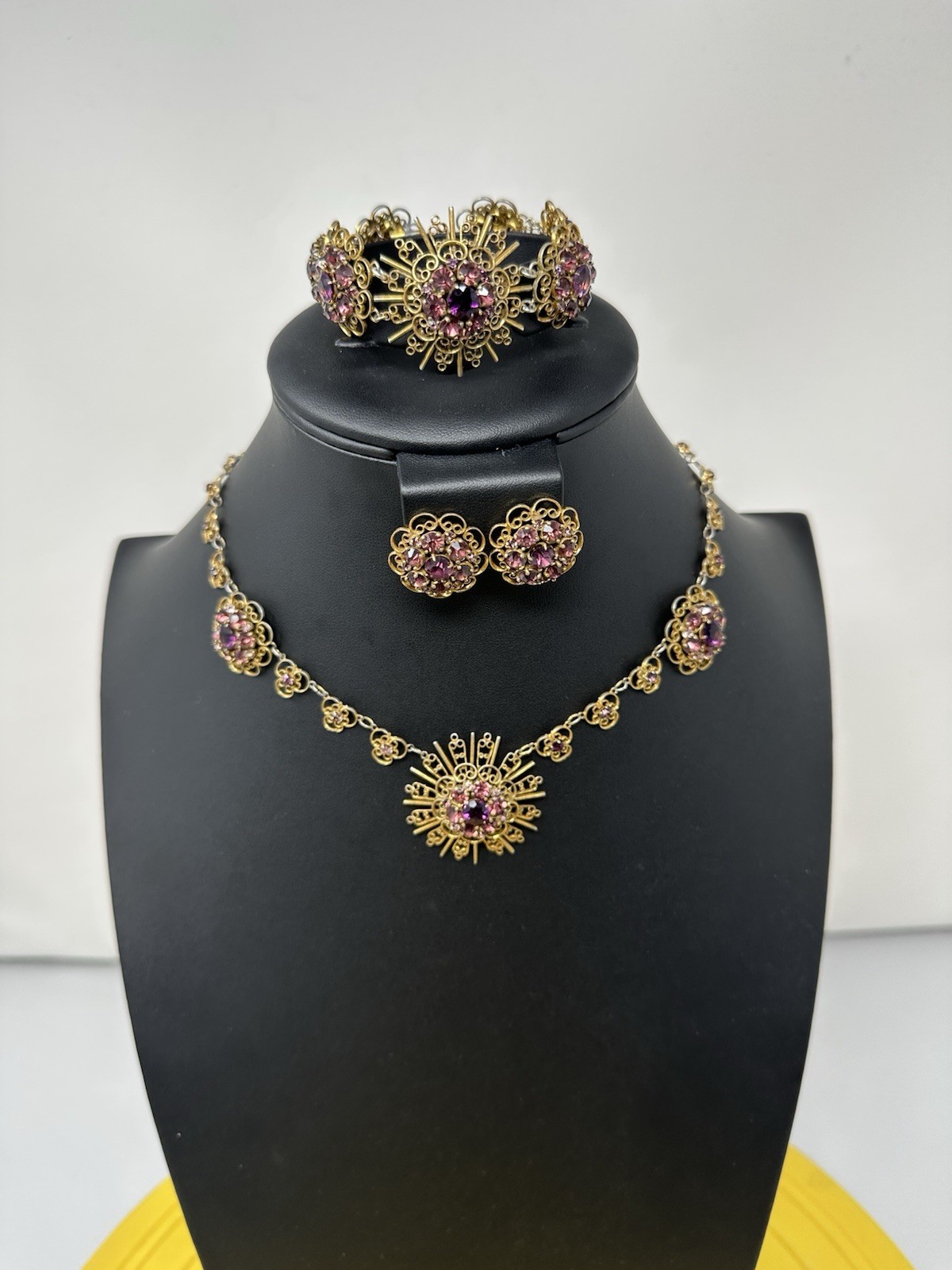 Sterling Silver Amethyst Floral Choker Necklace Bracelet Earrings Set 60g 16” 6”