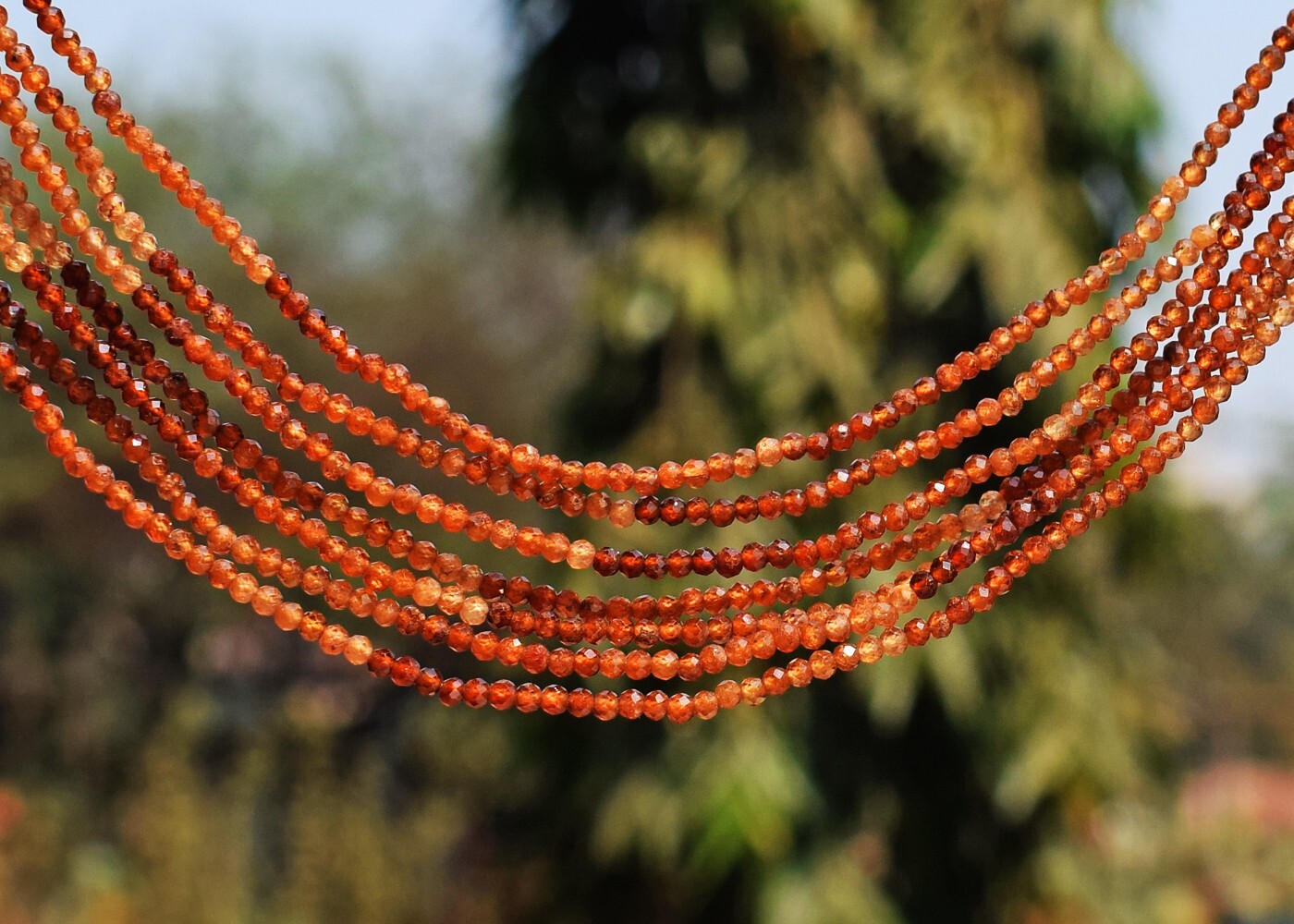 185 Cts Natural 7 Strands Hessonite Garnet Round Shape Beads Necklace AK 20 E488