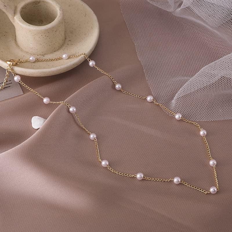 Pearl Choker Necklace for Women,18k Gold Tiny Chain Dainty Charm Adjustable Aest