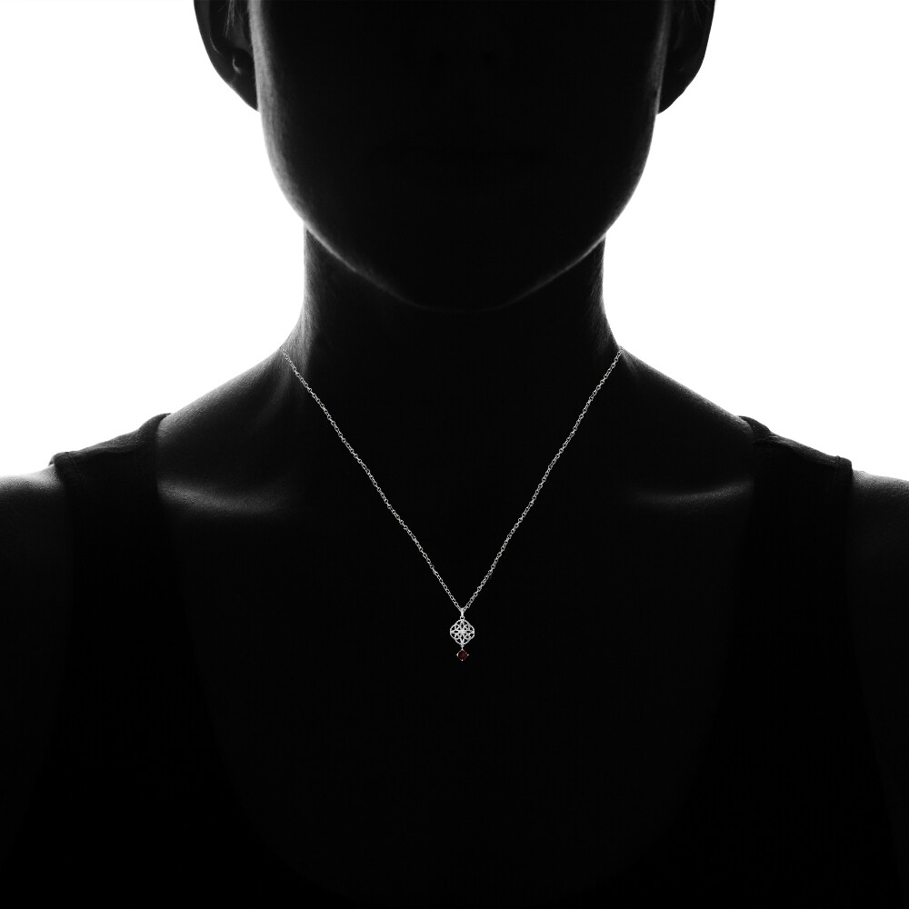 Sterling Silver Garnet Celtic Filigree Cushion Cut Dangling Necklace