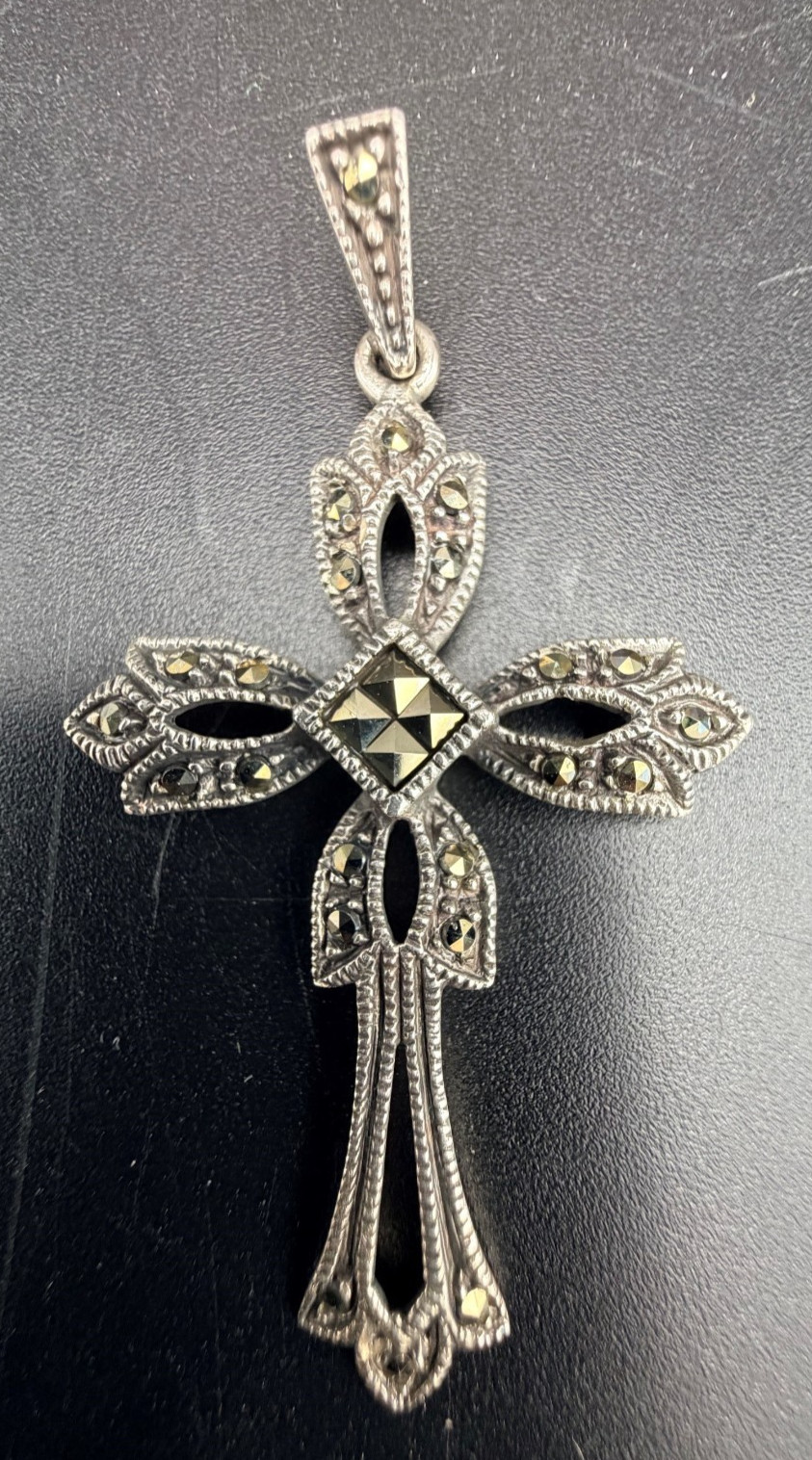 Vintage Sterling Silver 925 Marcasite Cross Pendant Gothic Thailand