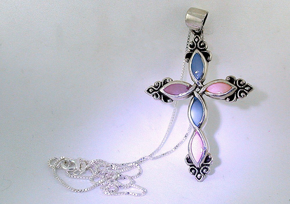 2 1/3 Inch Blue Pink Fiber Optic Cabochon Sterling Cross Pendant 18 Inch Chain