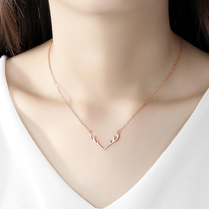 Rose Gold Deer Antler Pendant Necklace Minimalist Reindeer Horn Necklace for Her