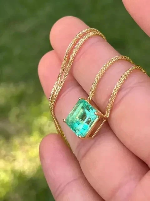 2Ct Asscher Cut Lab Created Emerald Solitaire Pendant 14K Yellow Gold Plated