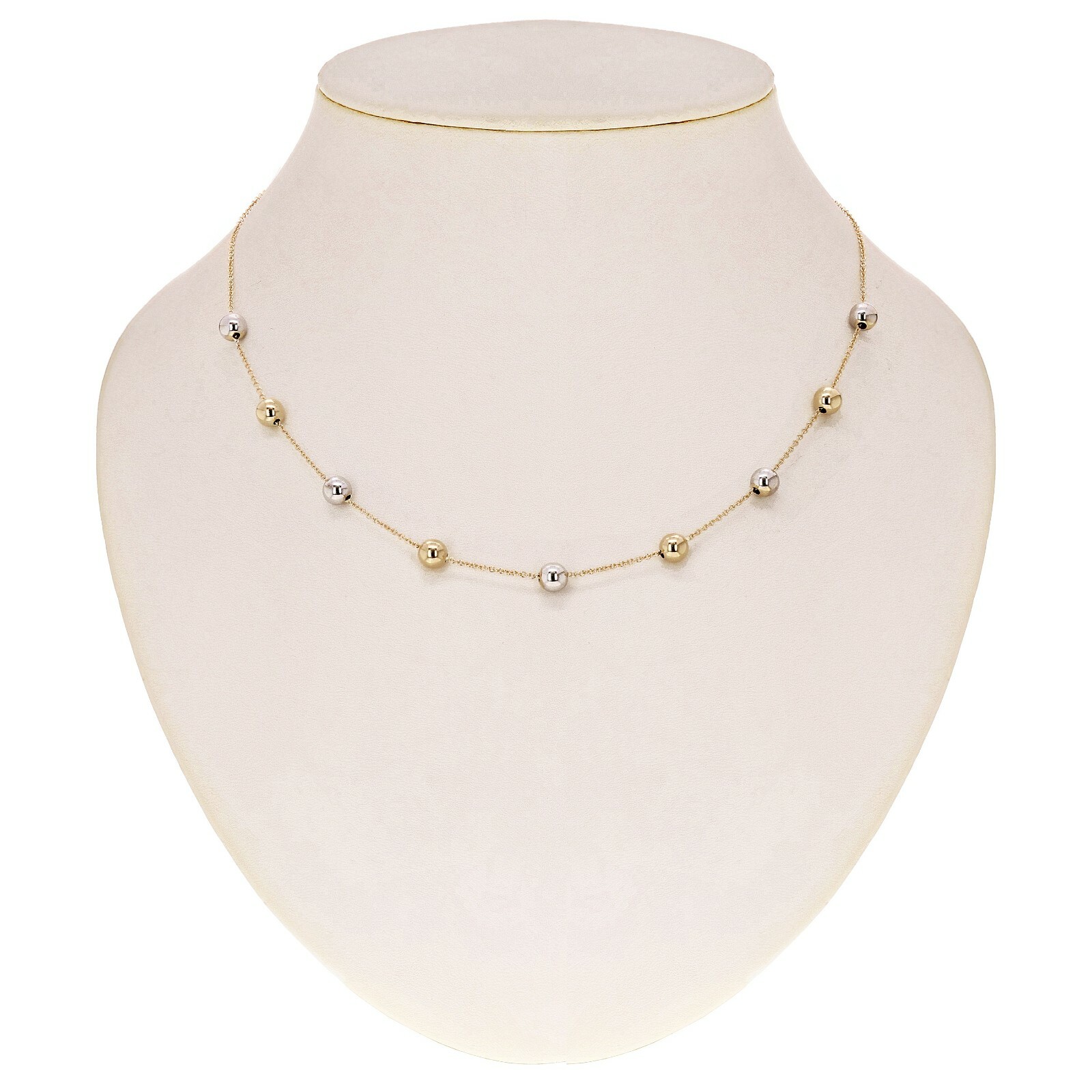 Italian 14k Yellow & White Gold Bead Station Chain Necklace 18″ 6mm 3.2 grams