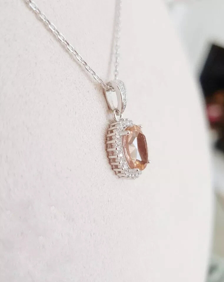 3 Carat Halo Morganite & Diamond Pendant With Free Chain 14K White Gold Finish