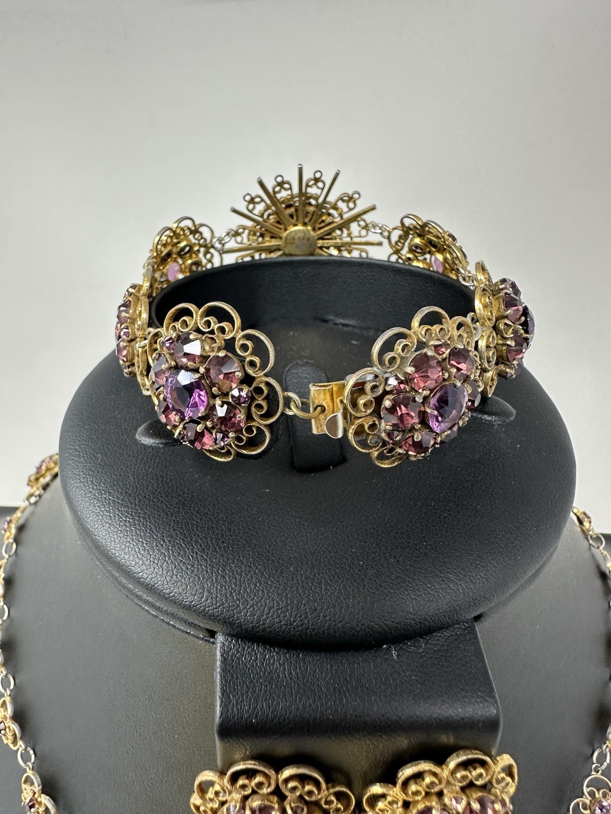 Sterling Silver Amethyst Floral Choker Necklace Bracelet Earrings Set 60g 16” 6”