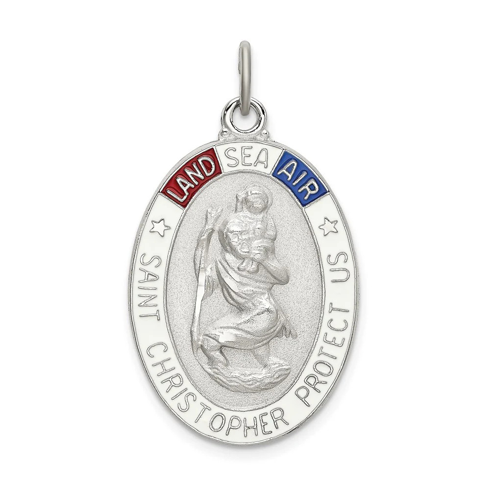 Sterling Silver Satin/Polished/Diamond-Cut Enamel St Christopher Medal