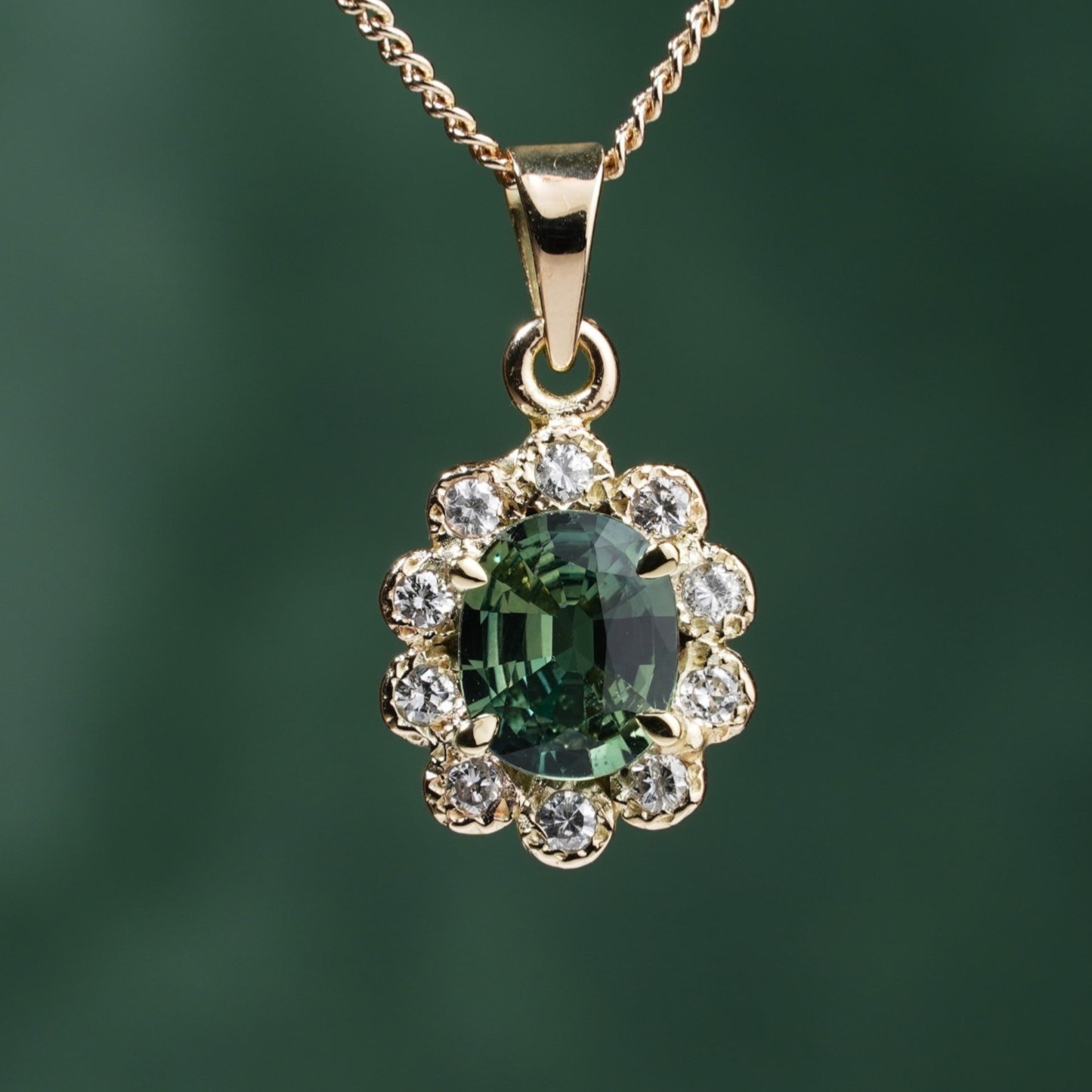 1.7ct Australian Teal Green Sapphire & Diamond Floral Halo Pendant 14ct Gold