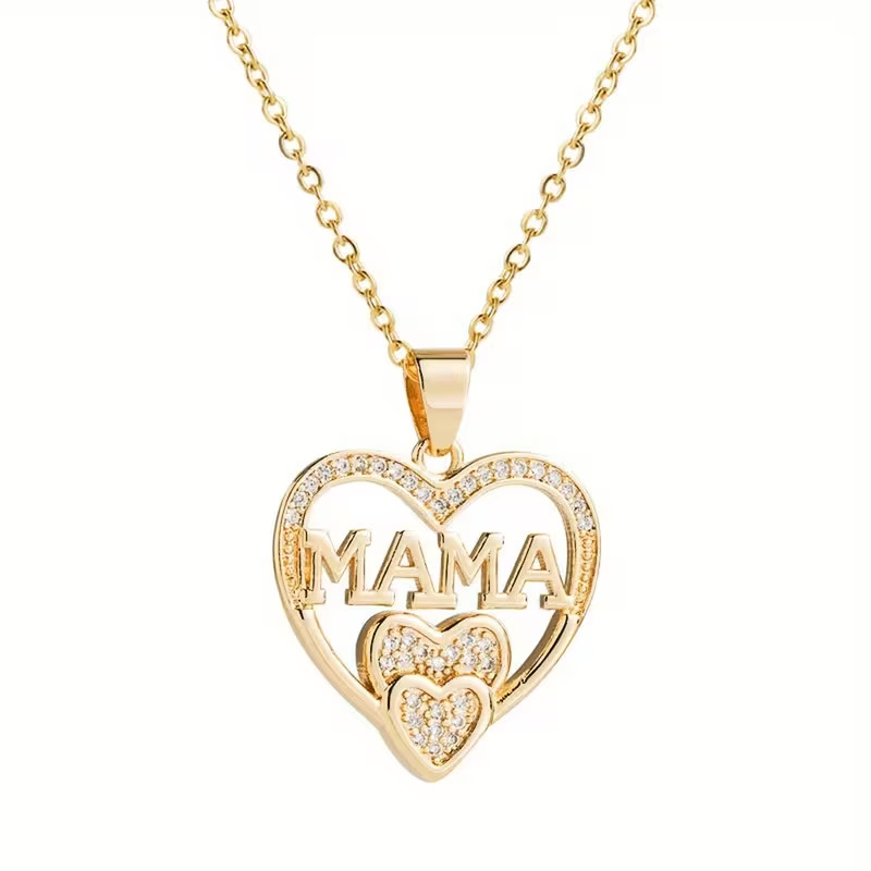 14K Yellow Gold Plated Lab Created Diamond Heart MAMA Pendant Necklace for Her