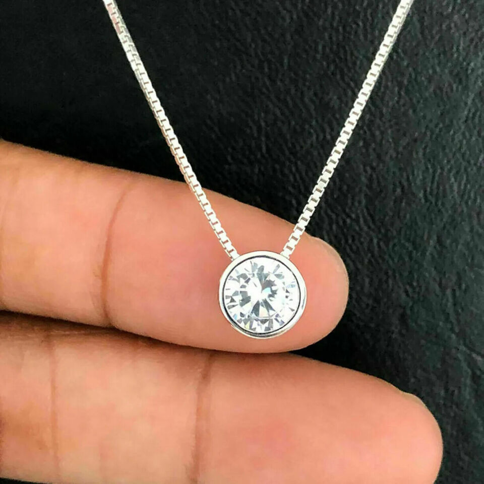 Bezel Set Solitaire Pendant Necklaces 2 CT Real Moissanite 14K White Gold Plated