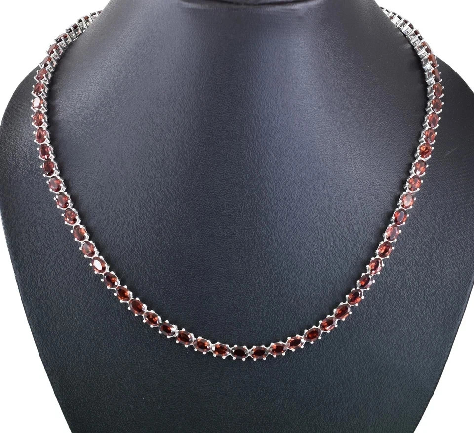 20TCW Oval Cut Lab Created Red Garnet Tennis Necklace 925 Sterling Silver