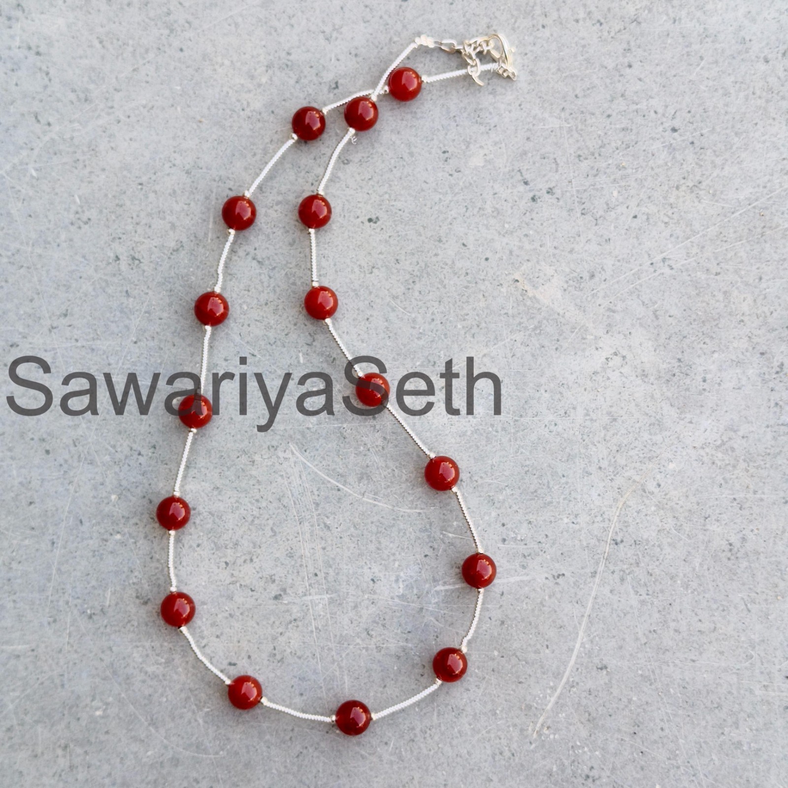 8mm Carnelian Gemstone Necklace, Sterling Silver Clasp, Boho Statement Jewelry