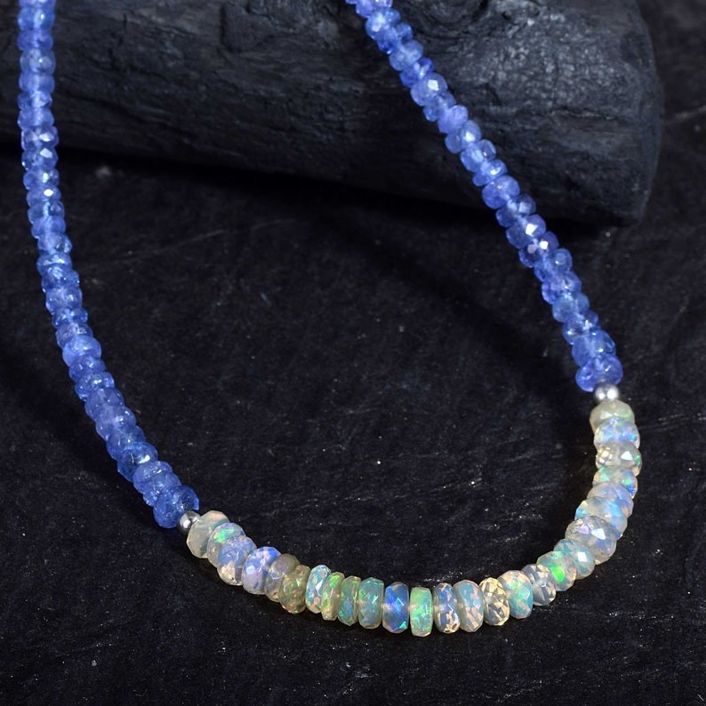 18K White Gold Finished Over AA+ Tanzanite And Opal Beads Necklace In 925Silver