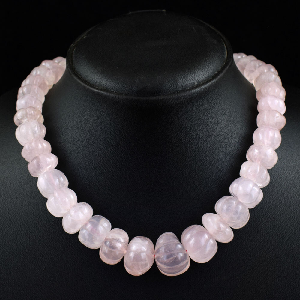 657 Cts Natural Pink Rose Quartz Flower Carved Beads Womens Necklace JK 12E369