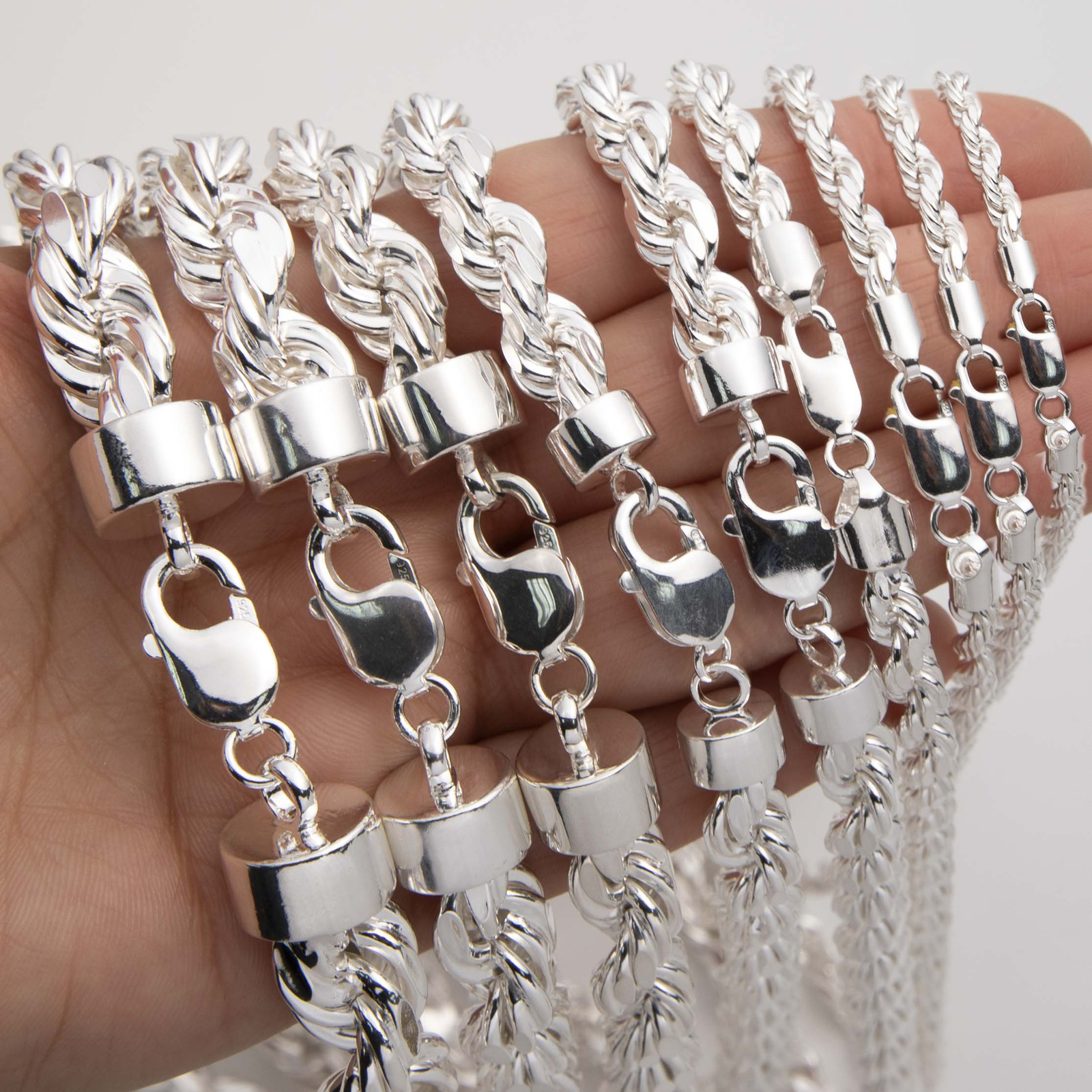 Diamond-Cut Rope Chain Necklace Real 925 Sterling Silver All Sizes