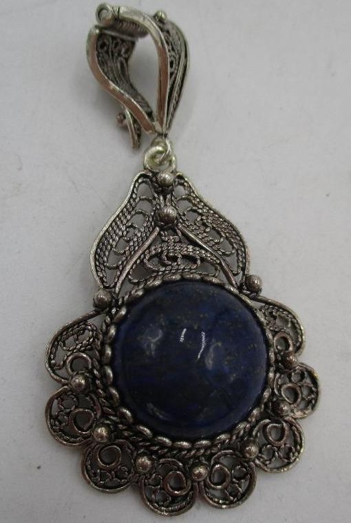 Sterling Silver Lapis Lazuli Scroll Statement Pendant Signed DGS Turkey Filigree