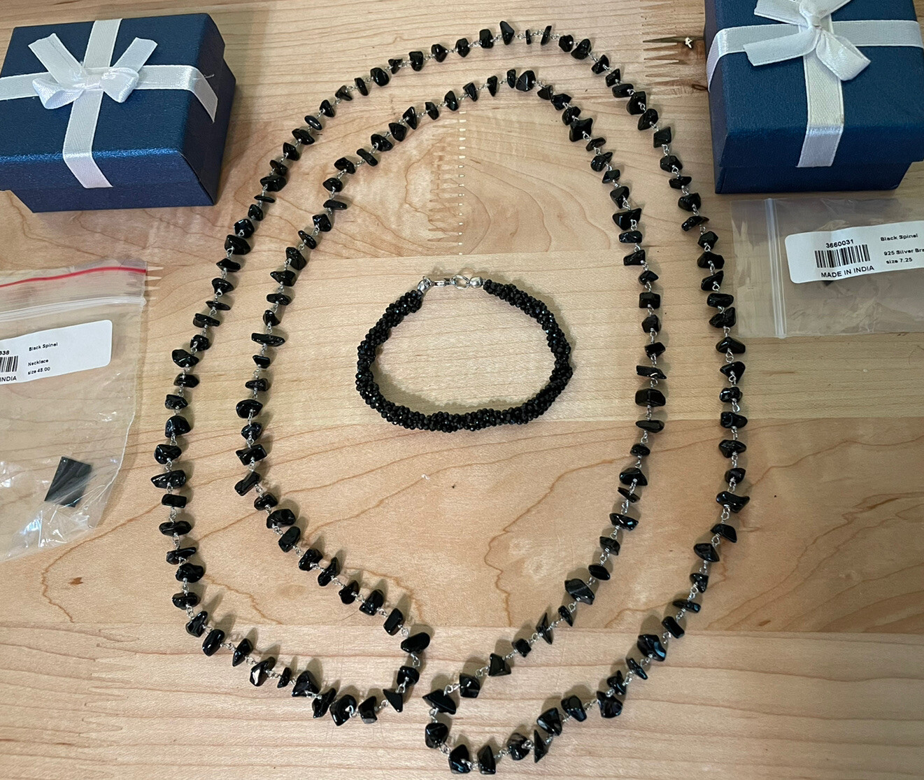 48” Beautiful Black Spinel Necklace And Bracelet 925 Silver Clasp NEW Set