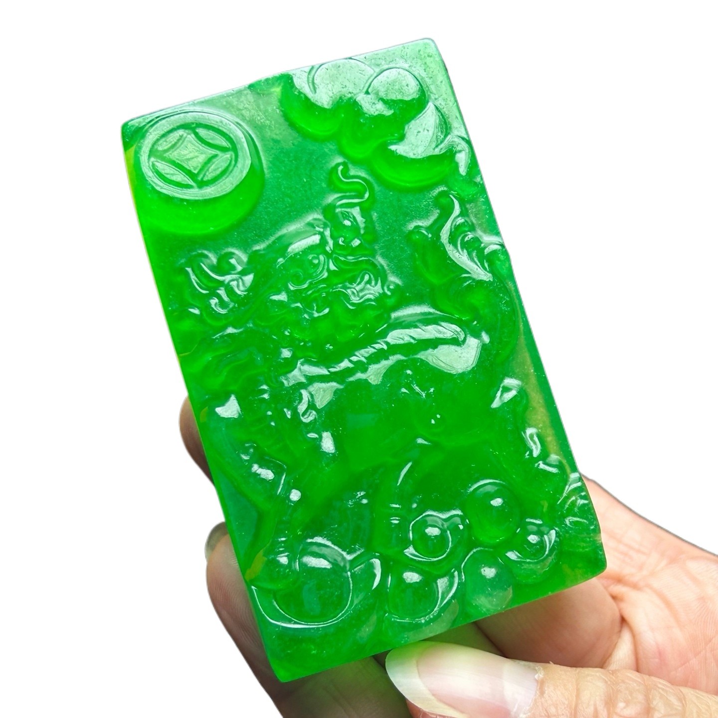 Nature Ice Green Burmese Jadeite Hand Carved Kylin Lucky Amulet Pendant Necklace