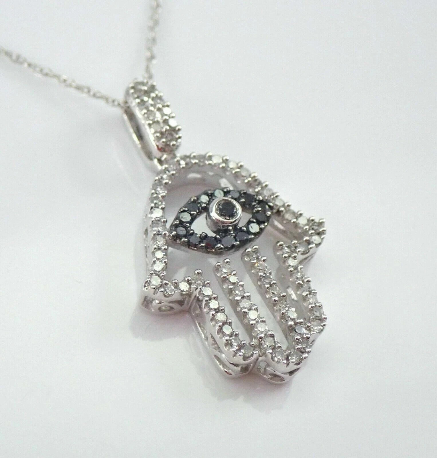 1.50Ct Round Cut Black Diamond Hamsa Pendant 14K White Gold Finish Free Chain