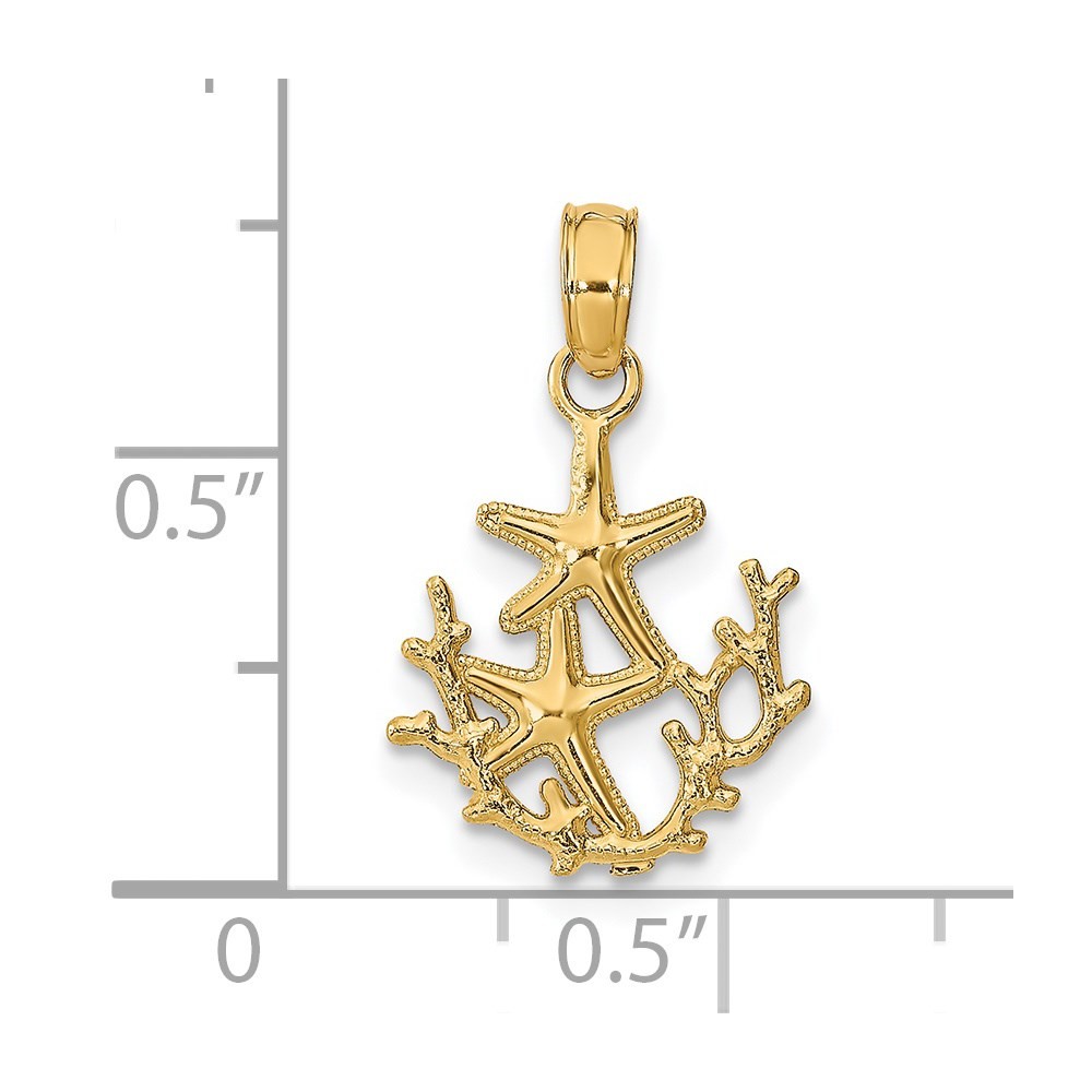 14k Yellow Gold Mini Double Starfish & Coral Charm Pendant 0.69gm L-0.75 in