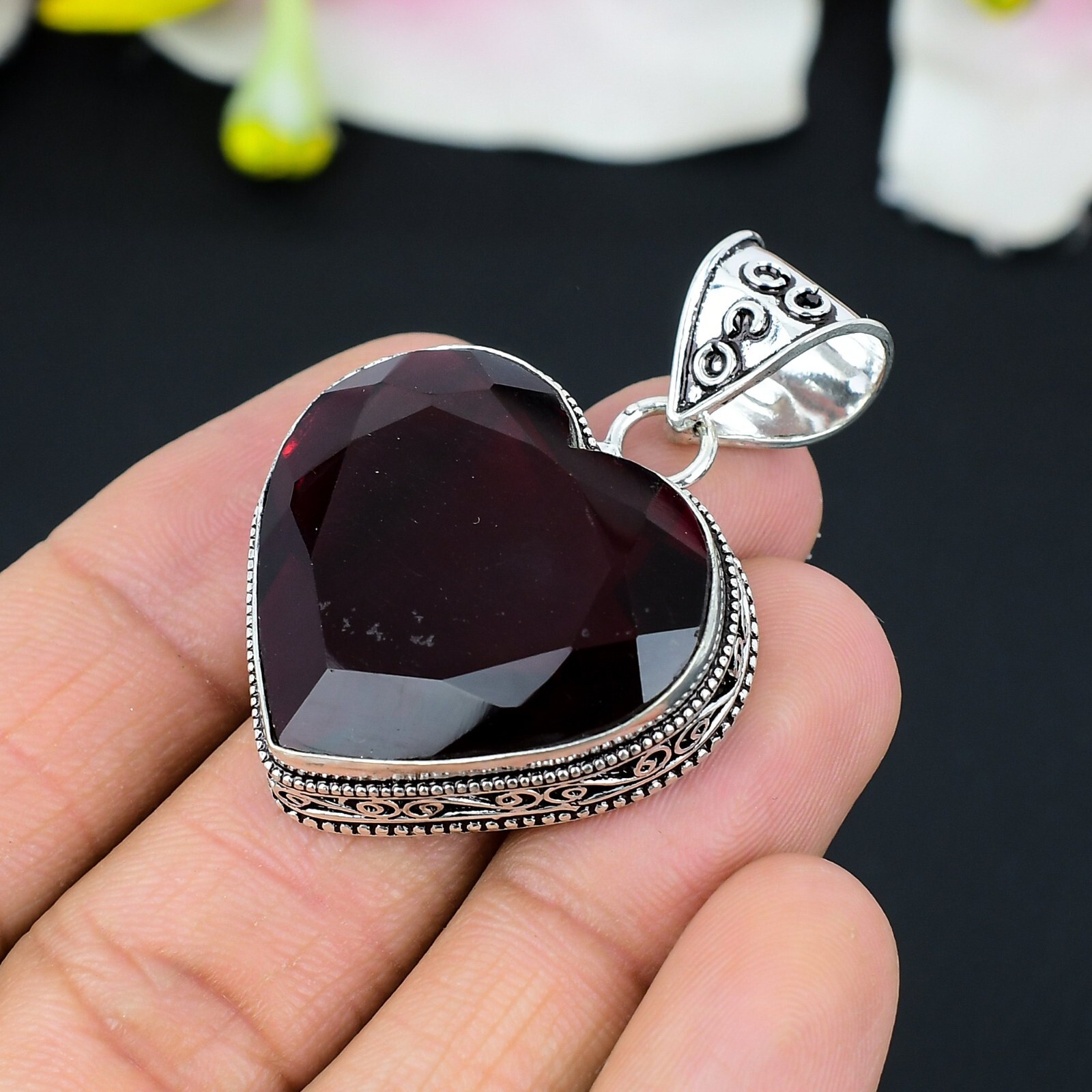 Mozambique Garnet Gemstone 925 Sterling Silver Handmade Pendant Gift 1.8in”