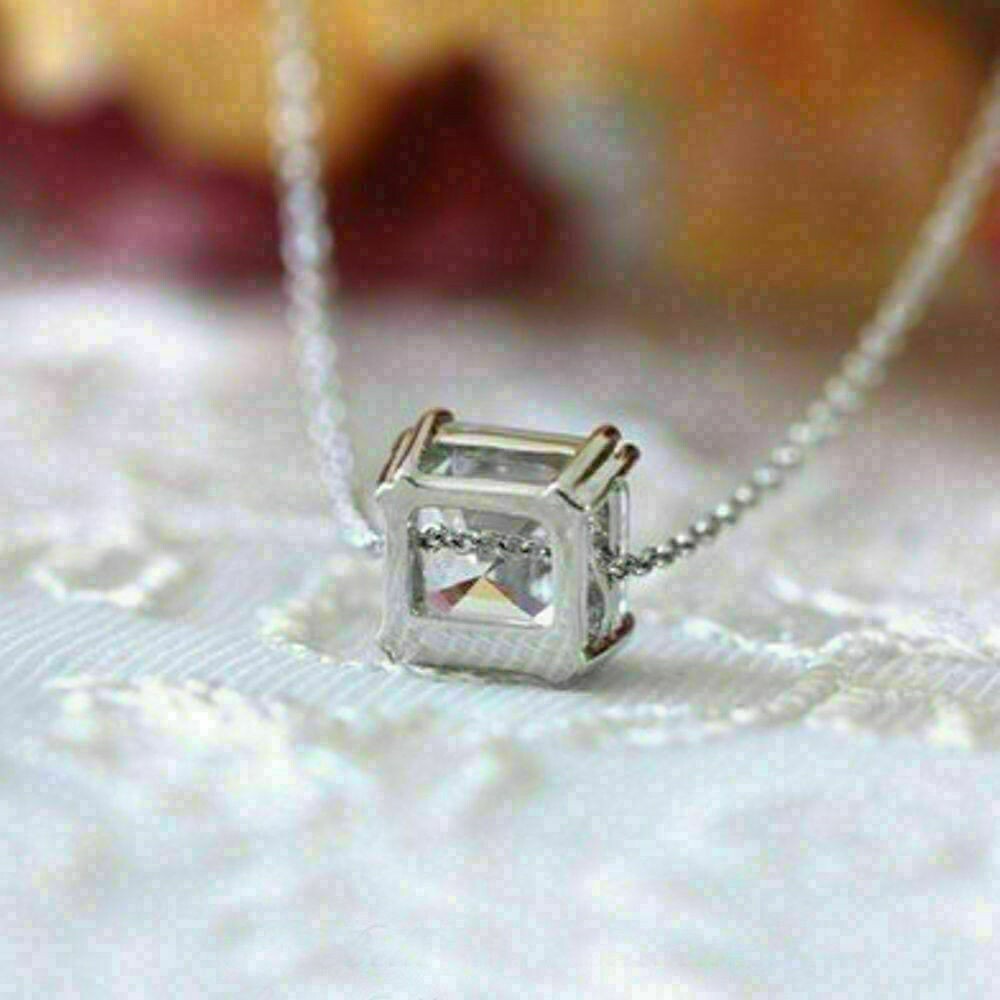 2 Ct Asscher Moissanite Solitaire Pendant 18 “Necklace 14k White Gold Plated