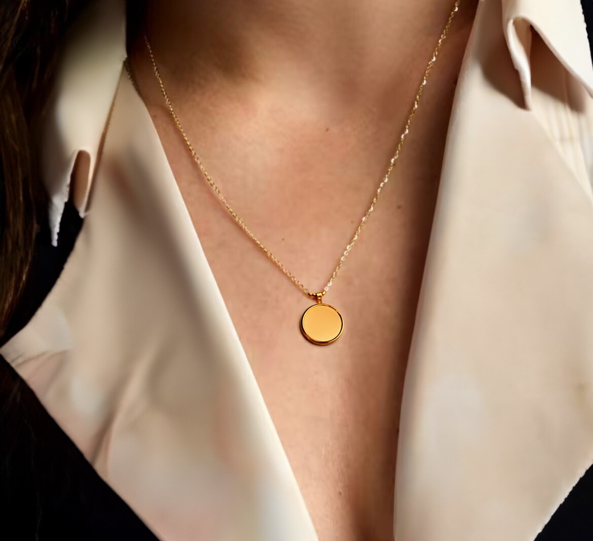 14K Plated Custom Engraved Disc Necklace, Gold Round Necklace, Circle Necklace