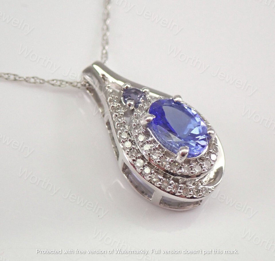 2.00Ct Oval Cut Lab Created Tanzanite Halo Pendant 14K White Gold Silver Plated