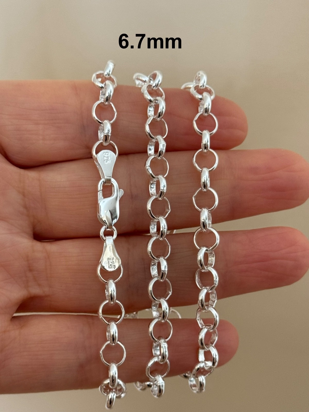 925 Sterling Silver Rolo Chain Necklace High Polished (6.7mm )