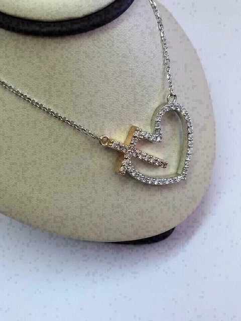 1.50 Ct Round Cut Real Moissanite Heart Cross Pendant 14K White Gold Plated