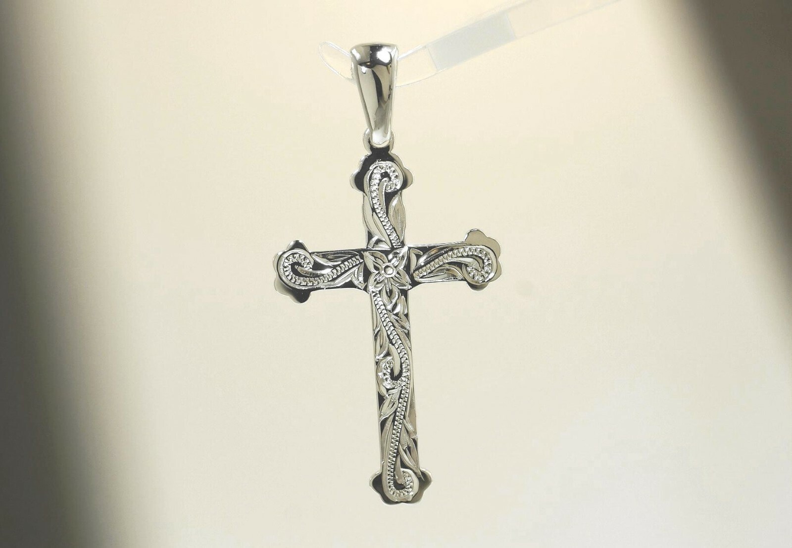 26MM SOLID 925 STER SILVER HAND ENGRAVED HAWAIIAN HERITAGE SCROLLS CROSS PENDANT