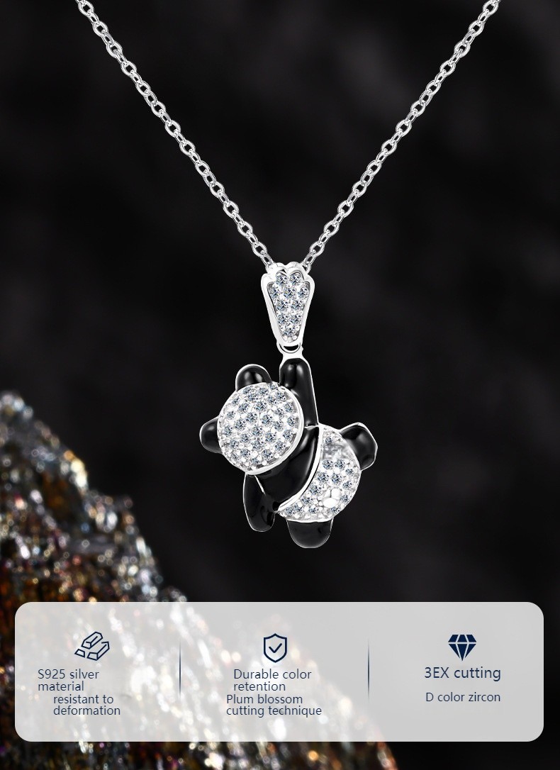 BlackBearPendantNecklace Full CZ SparklingUnique Dainty Korean Style S925 Silver
