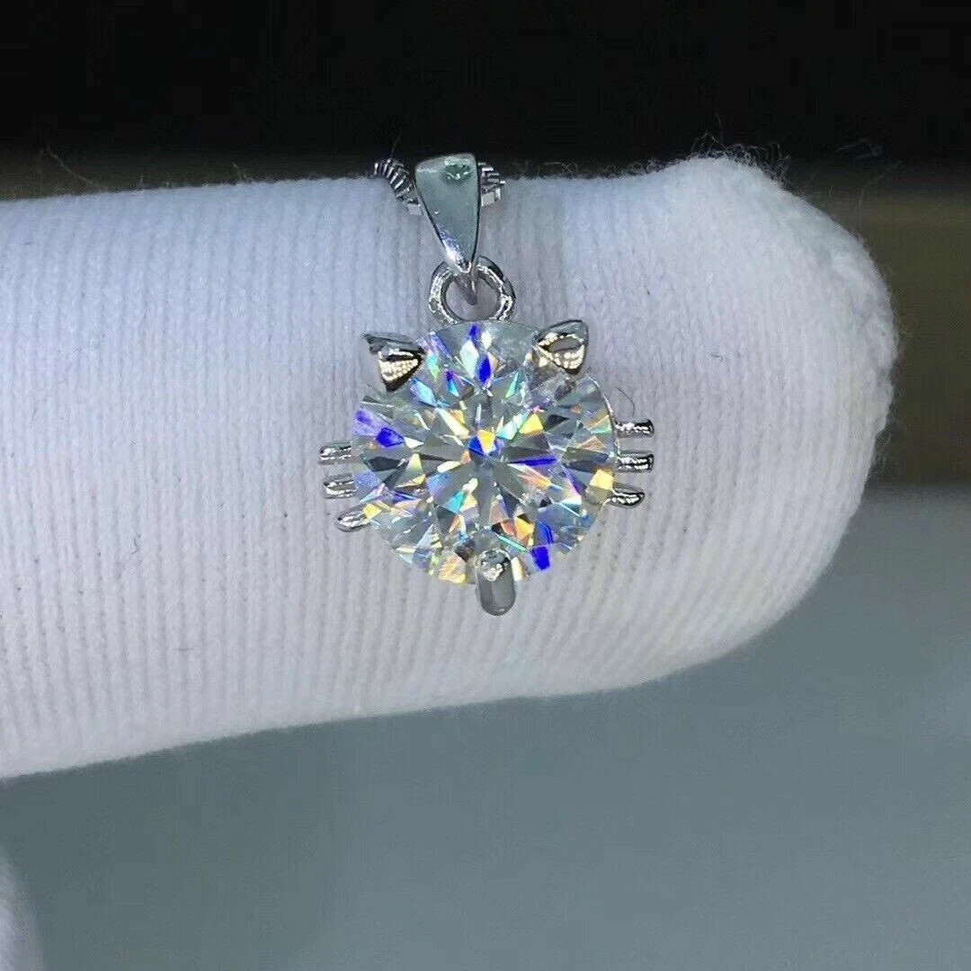 2Ct Round Cut diamond Pussy Cat Pendant 14K White Gold Finish Free Chain