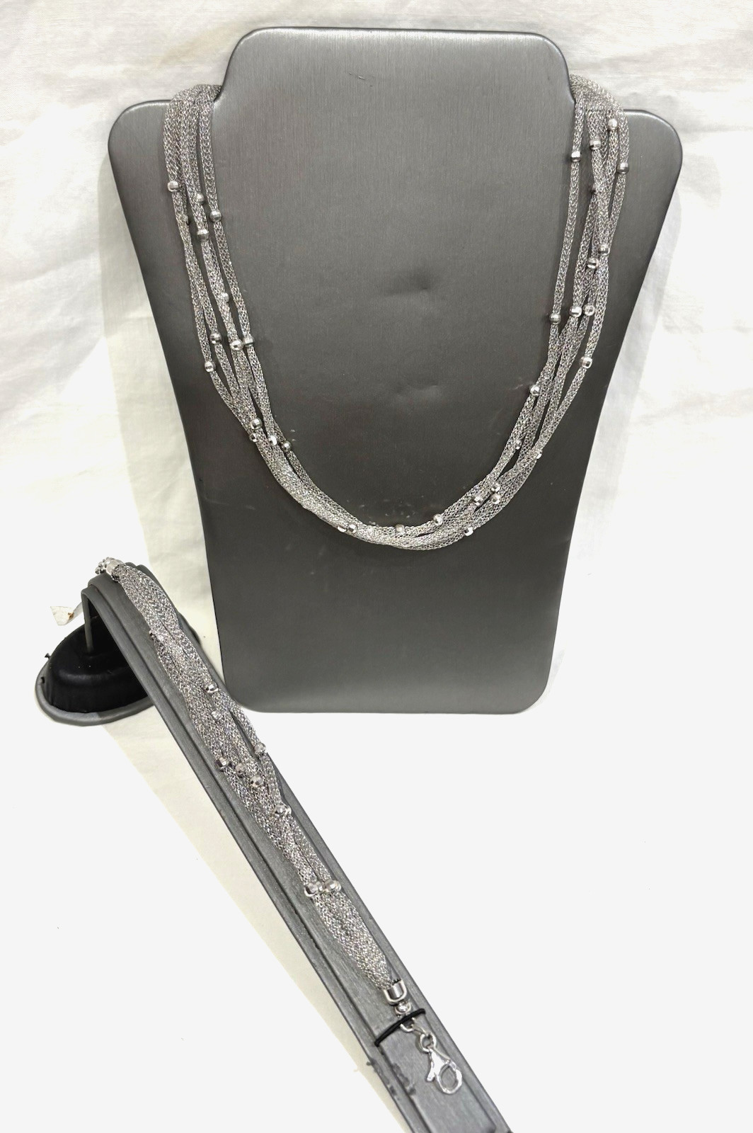 Italian Style Sterling Silver Mesh Beaded Multi-Strand Necklace and Bracelet