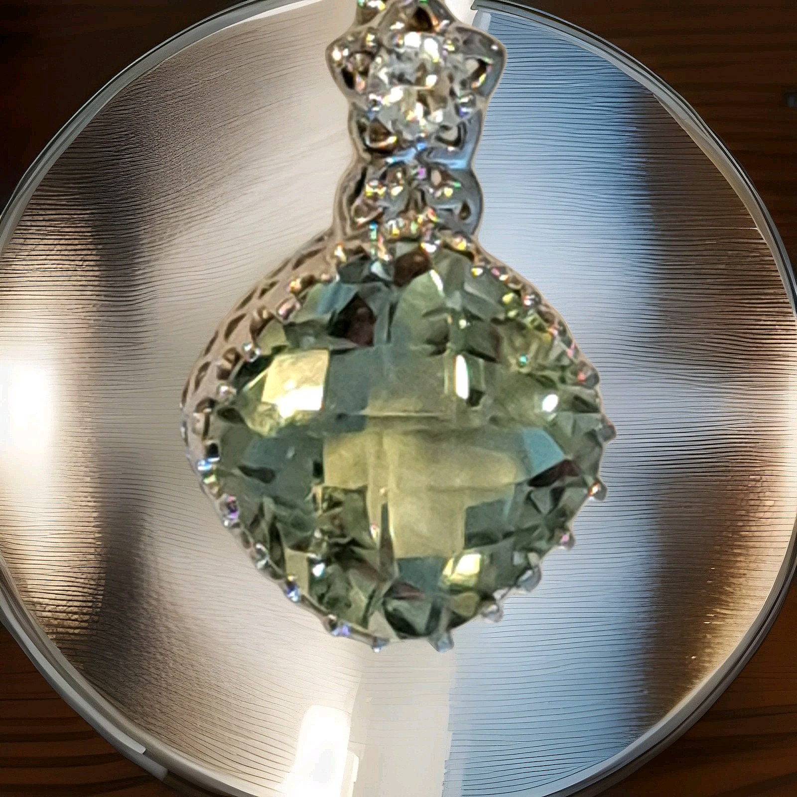 Checker Board Cut Cushion Green Amethyst Pendant in 925 Silver Enhancer Bail