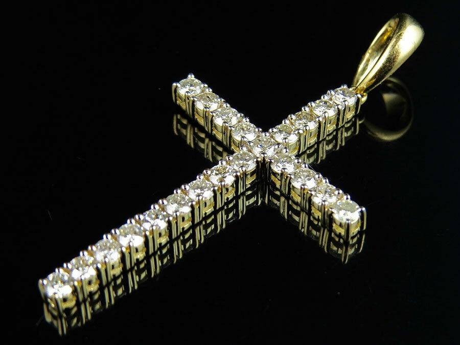 14K Yellow Gold Finish One Row Shared Prong Diamond Cross Pendant Charm 2 ct