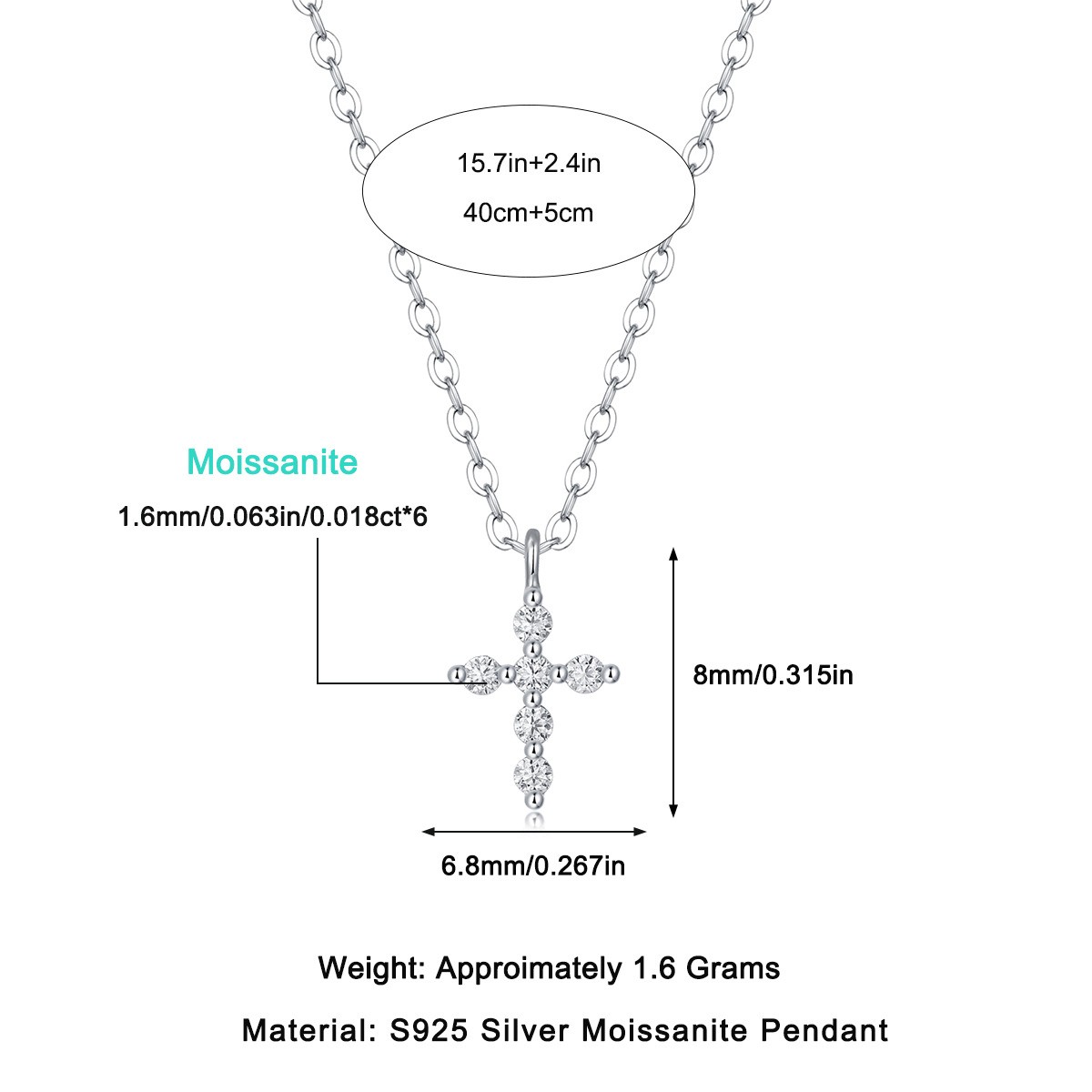 VVS1 Round Cut Moissanite Cross Pendant S925 Sterling Silver Necklace for Women