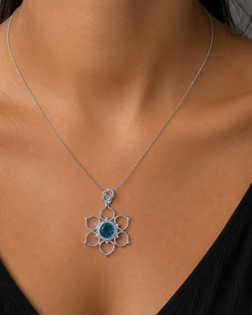 925 Silver London Blue Topaz Gemstone Jewelry Handmade Boho Pendant 1.44″For Her