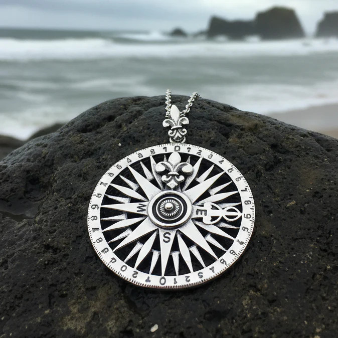 Compass Necklace Sterling Silver Fleur de Lis 925 Pendant Nautical Beach W/CHAIN