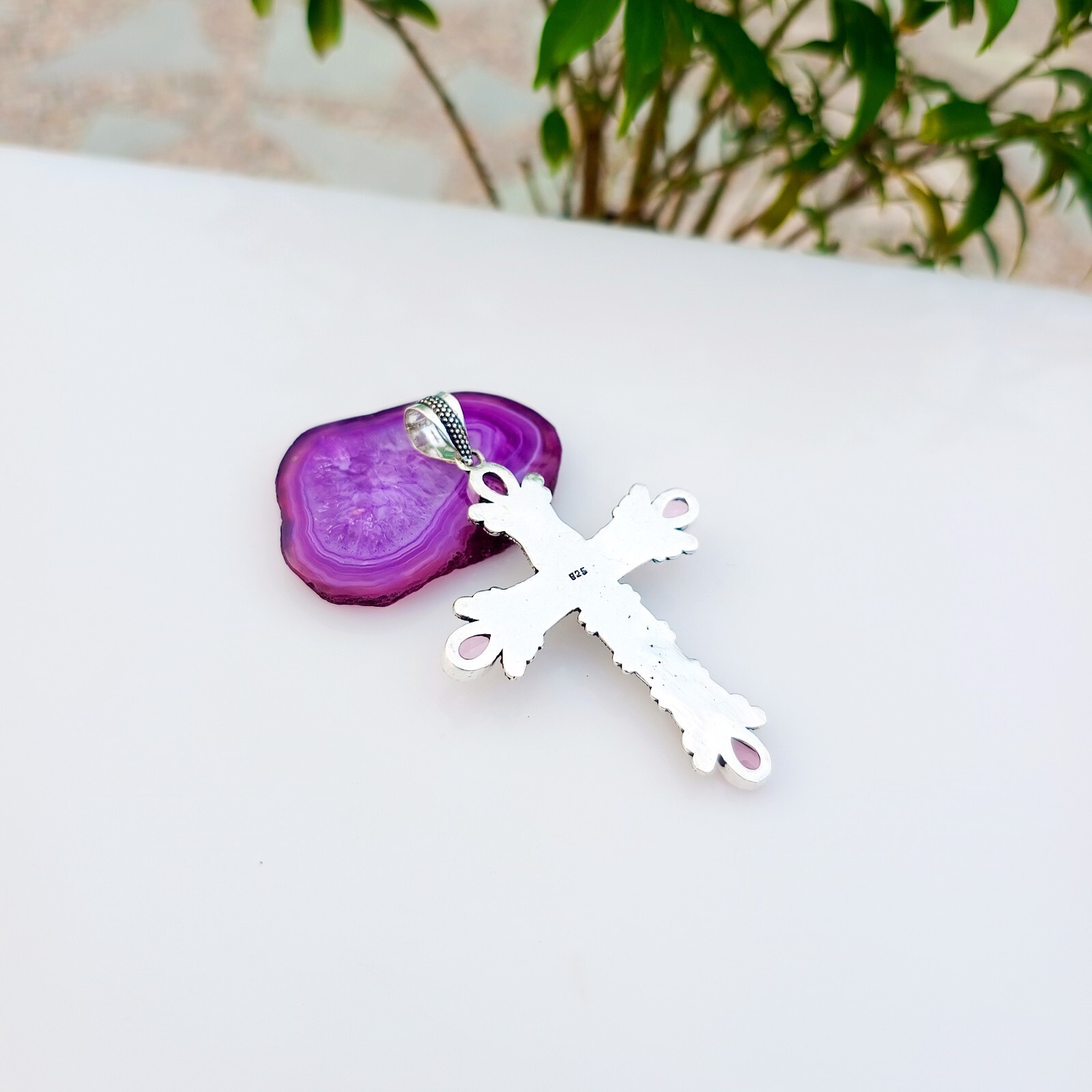 Pink Topaz Cross Pendant 925 Sterling Silver Handmade Gemstone Jewelry 2.83″