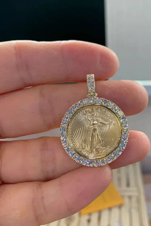 2Ct Round Cut Moissainite Diamond Liberty Coin Pendant 14K Yellow Gold Plated