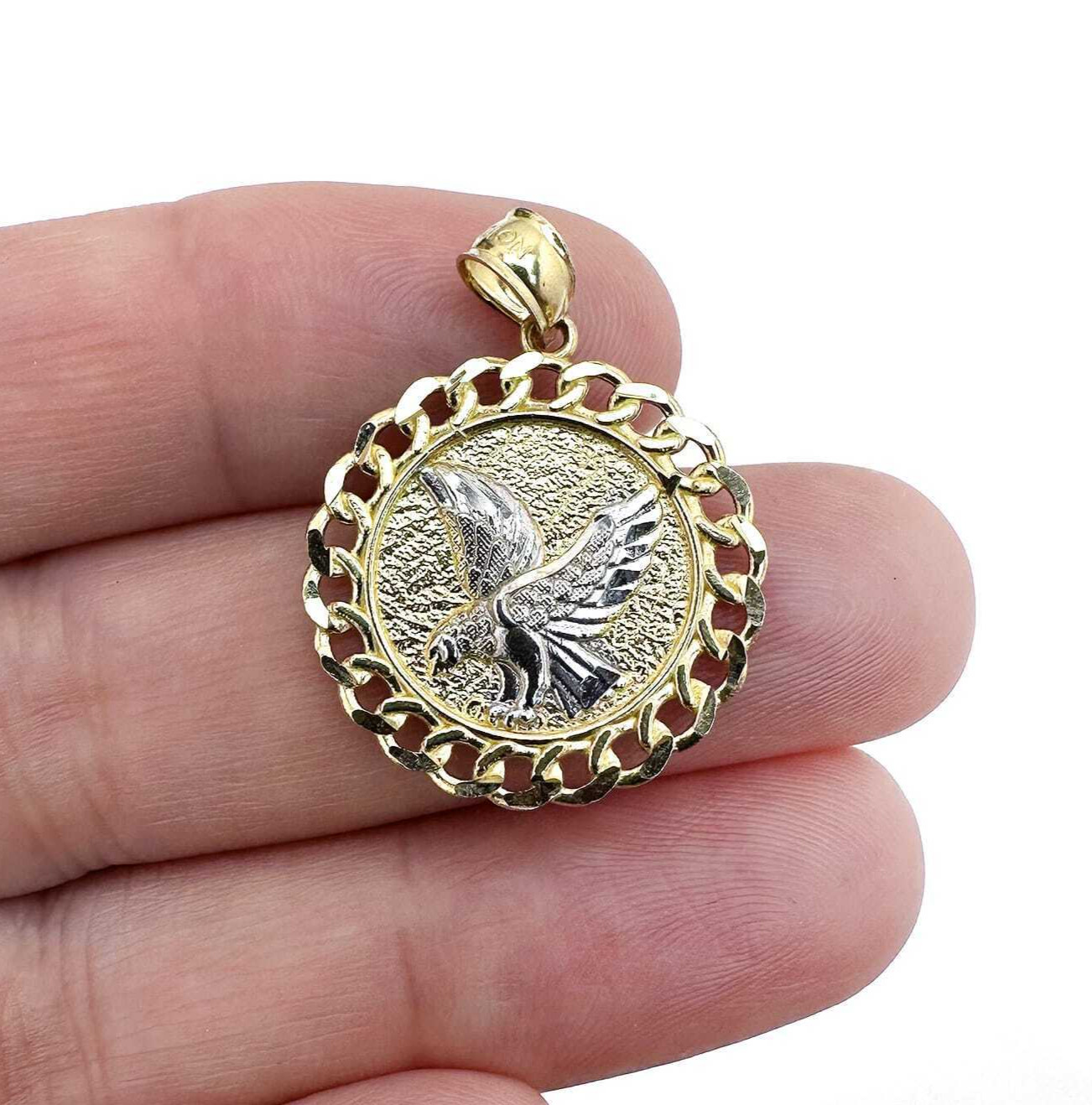 10K Real Gold Two-Tone Yellow White Miami Cuban Textured Eagle Pendant 1.1″