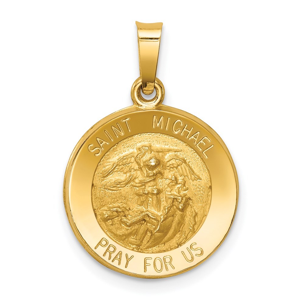 14K Yellow Gold Polished and Satin Hollow St. Michael Medal Round Pendant